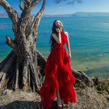 2016夏装新款海边度假雪纺显瘦连衣裙森女气质不规则裙摆红色长裙