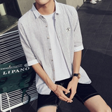 韩版潮流夏季男士短袖衬衫英伦7七分袖外套帅气竖条纹夏天衣服男
