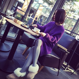 韩国2016春季新品毛衣外套大码女装套头针织衫加厚宽松中长款紫色