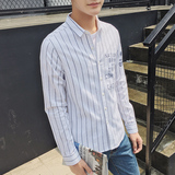 男长袖衬衫韩版潮男装修身日常青少年正装立领条纹印花小清新上衣