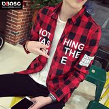 OBO春季韩版红格子休闲衬衫男士长袖衬衣英伦男学生修身潮流寸衫
