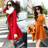 15新款韩版秋冬女装 小香风短款外套长袖+中长款连衣裙毛呢套装裙