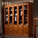 实木书柜自由组合实木橡木储物柜带门玻璃书柜书架组合中式金柚色