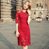 蕾丝连衣裙女夏季韩版中袖中长款修身性感包臀打底红色连衣裙裙子