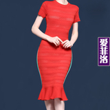 2016初秋新款修身镂空针织鱼尾裙包臀中长款打底连衣裙红色礼服裙