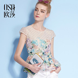 OSA欧莎2016夏季新款女装 双层显瘦雪纺上衣时尚短袖印花雪纺衫女