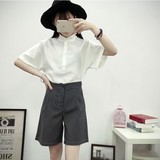 韩版夏季大码宽松蝙蝠袖短袖上衣立领衬衫条纹阔腿短裤两件套装女
