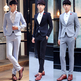 新品2016春装 韩版男装修身时尚纯色男士休闲西服套装4色两件套装