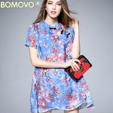 Bomovo2016夏季女装印花短袖A字宽松大摆显瘦连衣裙时尚短裙