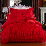 纯棉婚庆四件套大红刺绣欧式被套床单家纺蕾丝结婚1.8m床上用品厚