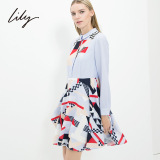 Lily2015春新女装几何图案拼色衬衫领收腰长袖连衣裙115110L7366