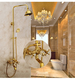 仿古淋浴花洒套装 金色全铜双把双控欧式淋浴器 带旋转升降花洒