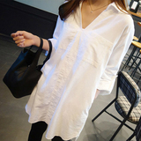 长袖衬衫女2016春季韩国宽松显瘦加厚中长款大码白衬衫V领口袋