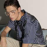 MIXSEVEN原创设计男80年代风 复古蓝白条纹古巴领反领 丝质衬衫
