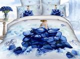 3D纯全棉蓝色人物玫瑰花风景四件套秋冬双人床单被套婚庆床上用品