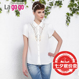 lagogo拉谷谷专柜正品夏季新款款蕾丝短袖雪纺白色衬衫4BA666E511