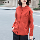 Amii[极简主义]棒球衣立领撞色织带拼接呢料大码外套