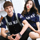 韩版男女青年学生修身七分袖衬衫情侣装旅游字母印花中袖衬衣服潮