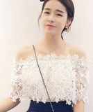 雪纺衫女夏装韩版甜美镂空一字领短袖上衣性感露肩蕾丝打底衫