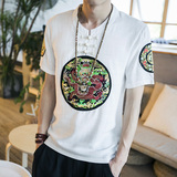 夏季男士亚麻短袖个性龙刺绣中国风加肥加大码清凉麻T恤休闲半袖