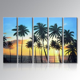 手绘油画现代简约家居装饰五联组合无框画海滩海景椰林风景装饰画