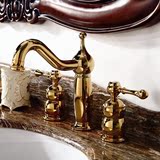 欧式卫浴仿古浴室铜金色冷热洗面盆双把三孔8寸分体水龙头