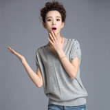 2016韩版宽松纯色女装上衣 夏装新款套T恤蝙蝠袖V领短袖针织衫女