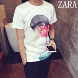 ZARA代购日系印花短袖T恤夏 男士加肥加大半袖打底衫韩版潮胖男装