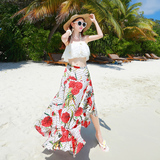 2016春夏女一字领海边度假蕾丝衫半身裙两件套波西米亚长裙沙滩裙
