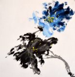 三尺斗方国画花鸟现代家居抽象蓝色 手绘原稿牡丹客厅150422306