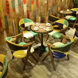 新品彩虹条桌子个性 复古实木餐椅 餐厅特色店 甜品店 咖啡厅桌椅