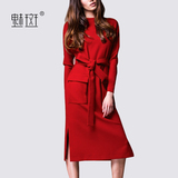 魅斑2016春装新款女装欧美时尚收腰修身显瘦长袖开叉红色连衣裙潮