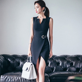 夏季女装韩国无袖V领修身显瘦燕尾裙前短后长不规则连衣裙中长款