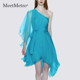 MeetMetro2016夏季新款女装露肩礼服裙显瘦大摆不规则雪纺连衣裙