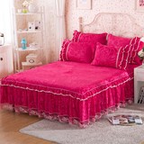 韩式公主蕾丝花边床裙单件全棉天鹅绒纯色大红床套保暖床罩特价
