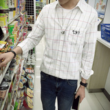 小马家春夏季衬衫男士长袖修身格子衬衣青年韩版刺绣方领薄款外套