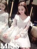 2016春季新款夜场女装韩版V领花边精致小女人必备白色礼服连衣裙