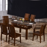 胡桃色实木伸缩餐桌简约现代 大理石折叠餐桌椅组合方圆形餐桌