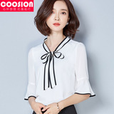 Coosion雪纺衫短袖上衣女夏2016新款 韩版时尚荷叶边五分袖小衫