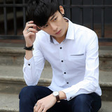 夏季男士纯棉衬衣时尚纯色修身免烫职业衬衣韩版青年白衬衫男长袖