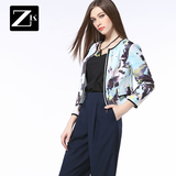 ZK花色撞色印花时尚百搭短外套女装修身显瘦短款外套2016春装新款