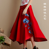 民族风女装长裙2016夏装新款裙子中国风复古绣花手工扣棉麻半身裙