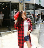 2016春夏季新款女版外套韩版时尚红黑格子宽松中长款防晒女士衬衫