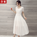 夏季雪纺连衣裙夏长裙修身显瘦中长款坊圆领韩版短袖纯白色裙子仙