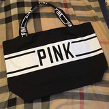 2015新款维多利亚的秘密VS 简约黑白撞色 pink 帆布单肩包 手提包