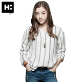 H:CONNECT韩版时尚女款竖条纹长袖套头t恤衫宽松休闲V领上衣