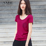Amii女装旗舰店2016艾米夏装新款圆领短袖拼网布口袋大码T恤12色