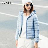 Amii[极简主义]2015冬90白鹅绒羽绒服女轻薄短款连帽大码修身外套