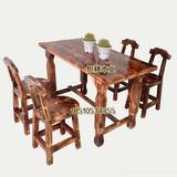定做饭店实木餐桌椅组合松木桌子碳化餐厅长桌子小圆椅子凳子套件