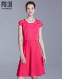 颜域品牌女装2016夏季新款欧美时尚镂空包袖梭织连衣裙丝滑纯色